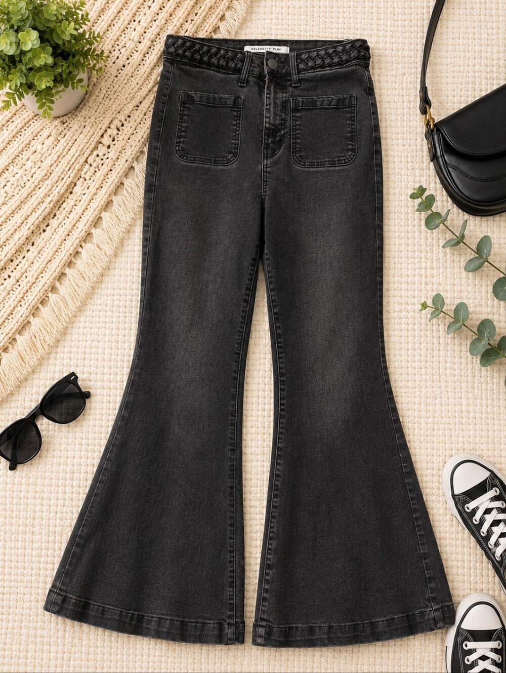 Celebrity Pink 11/30 Black High Rise Flare Jeans Braided Waist Y2K